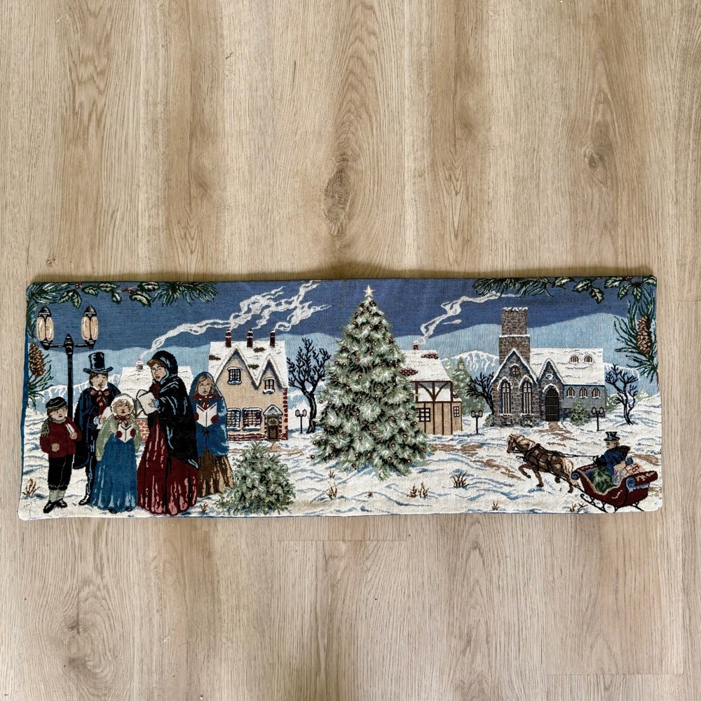 Vintage Christmas Tapestry Table Runner Victorian Village Sleigh Carolers Blue